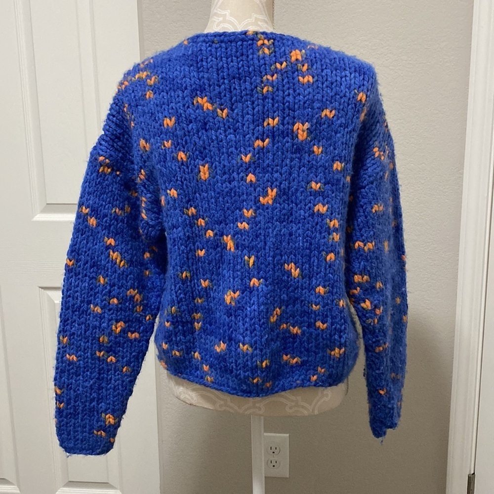 Hand crocheted knitted blue orange open wool thick cardigan Small Blue Orange - Picture 5 of 11